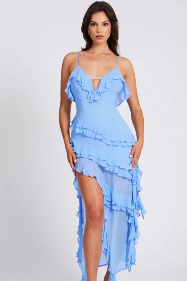 Women's Asymmetrical Ruffle Midi Dress Spaghetti Strap Bodycon Fit | Blue
