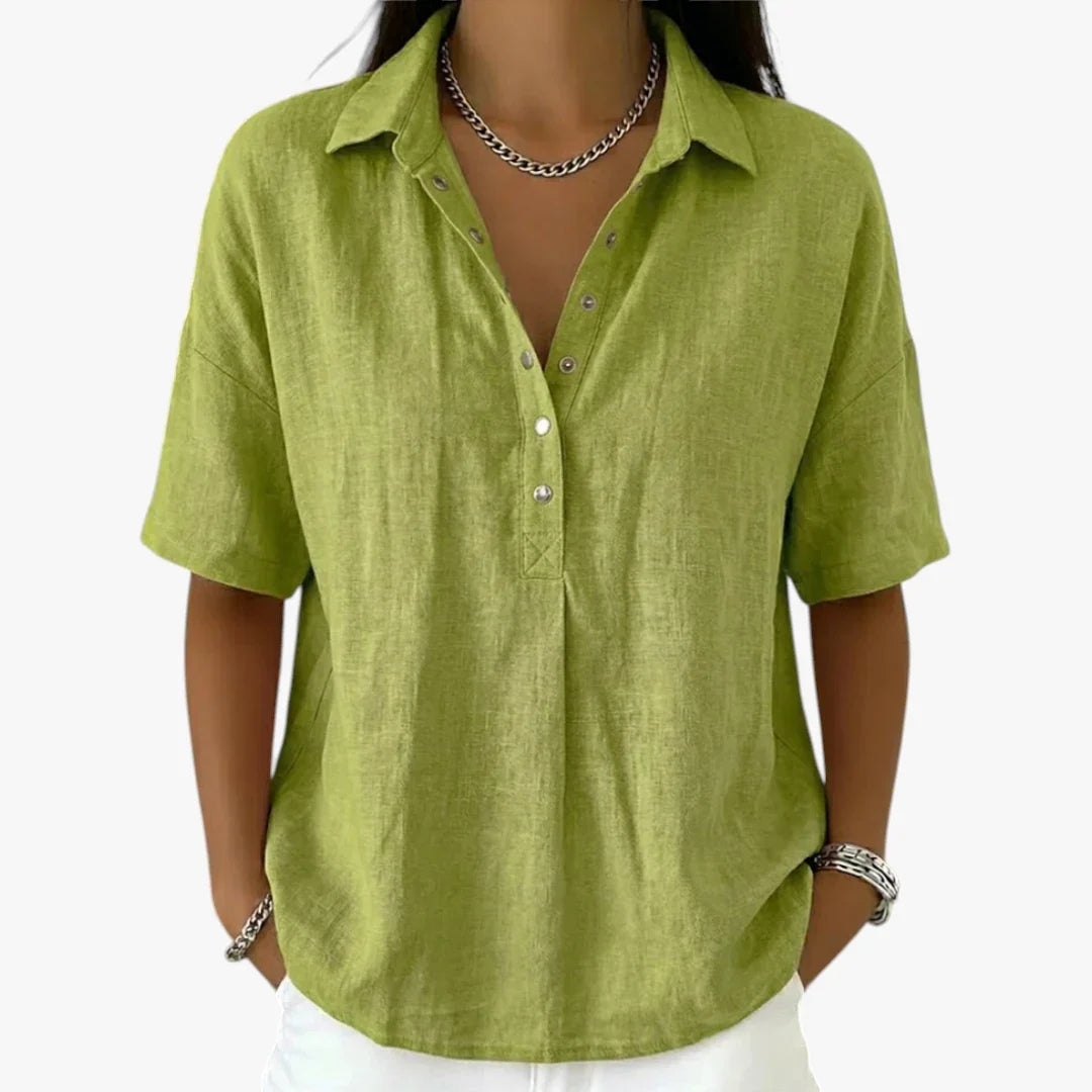 Women's oversized short-sleeve shirt blouse with classic collar and button placket