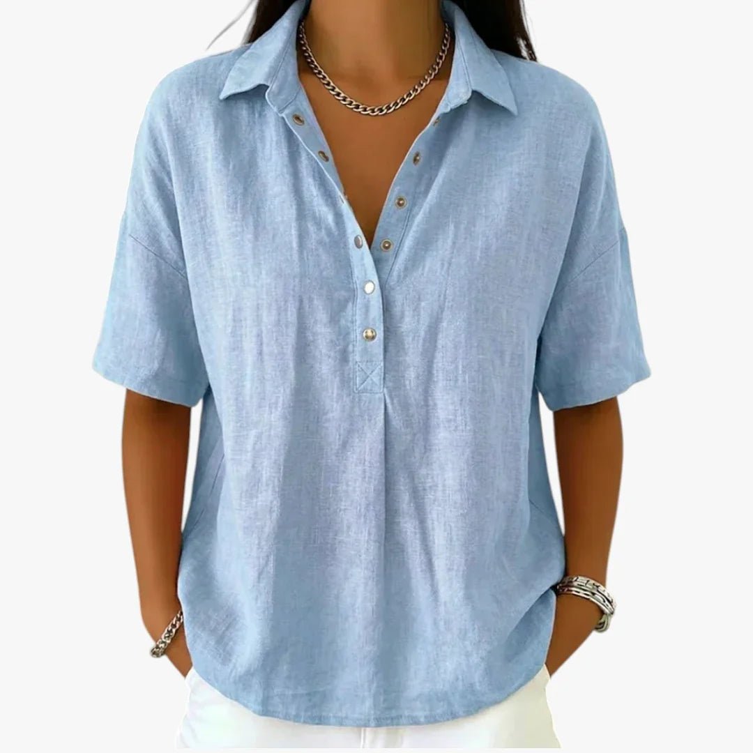 Women's oversized short-sleeve shirt blouse with classic collar and button placket
