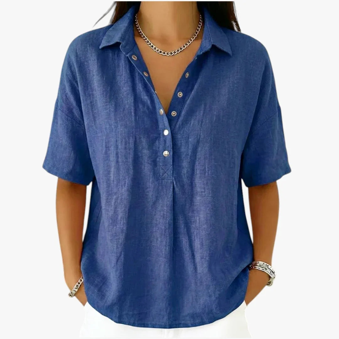 Women's oversized short-sleeve shirt blouse with classic collar and button placket