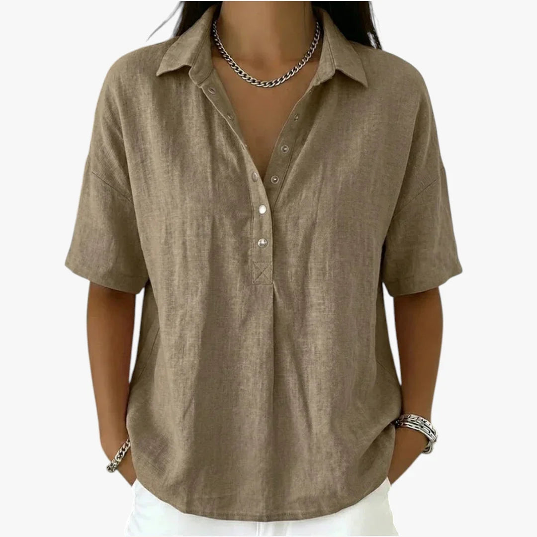 Women's oversized short-sleeve shirt blouse with classic collar and button placket