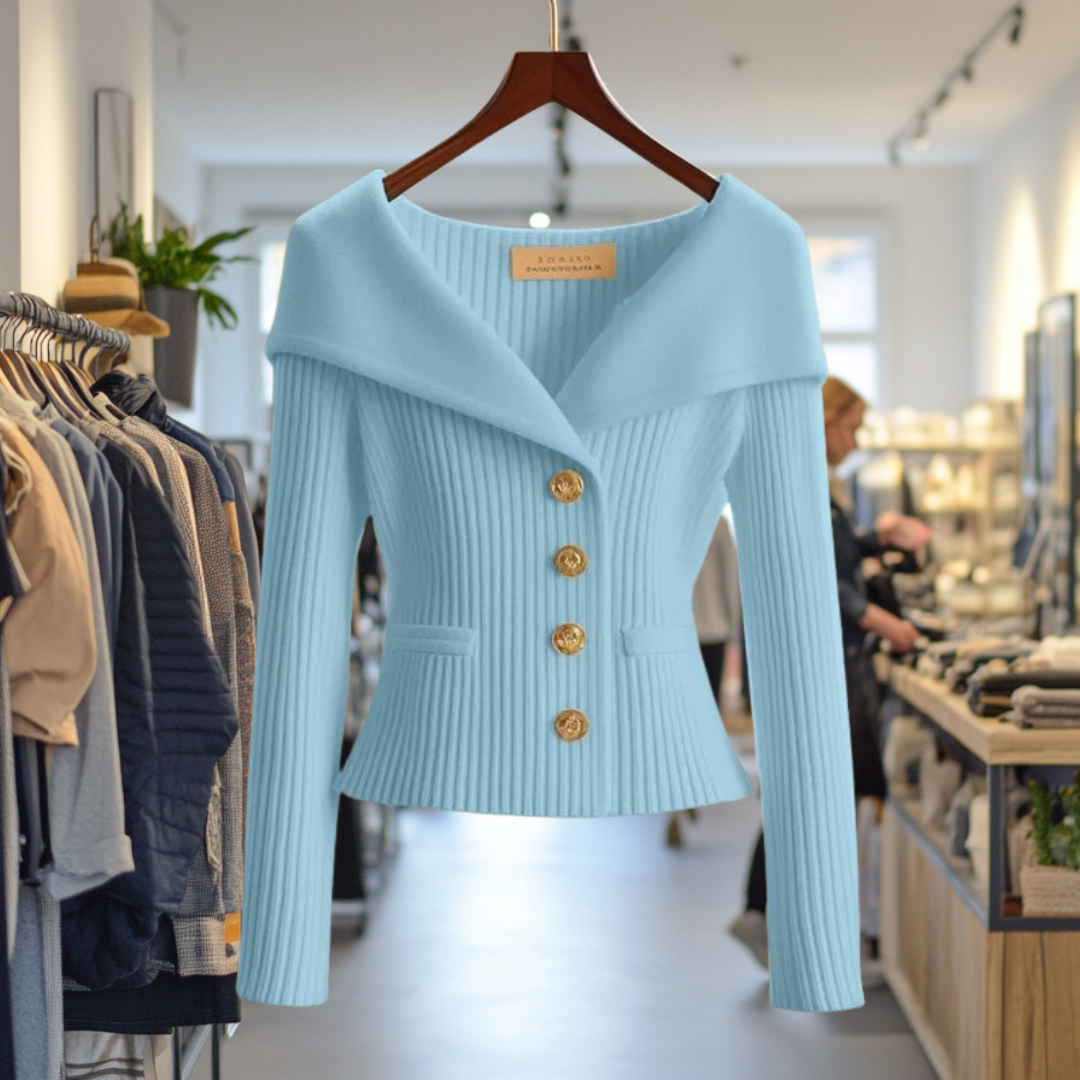 Ribbed women's cardigan with shawl collar, long sleeves and button front