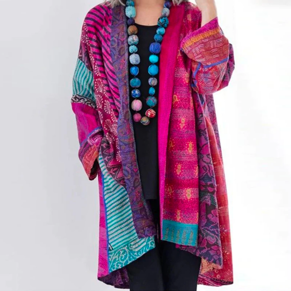 Women's loose multicoloured patchwork cardigan with open front and long sleeves
