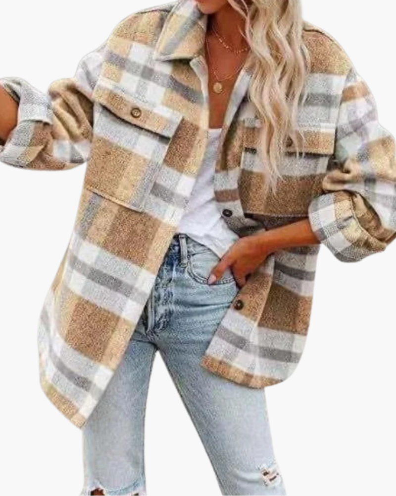 Women's oversized checked jacket with shirt collar and button front