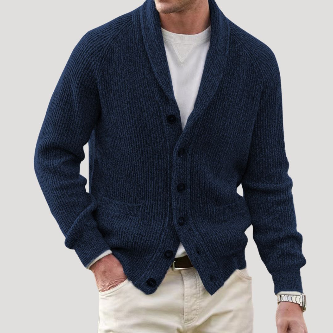Men's ribbed knit cardigan with shawl collar, button front and long sleeves