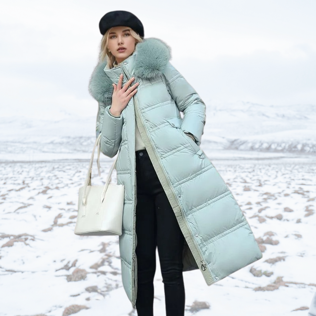 Women's long quilted hooded coat with fur-style trim
