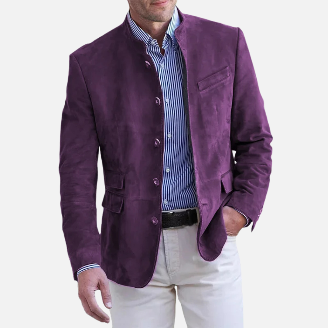 Men's stand collar button front jacket with chest and flap pockets