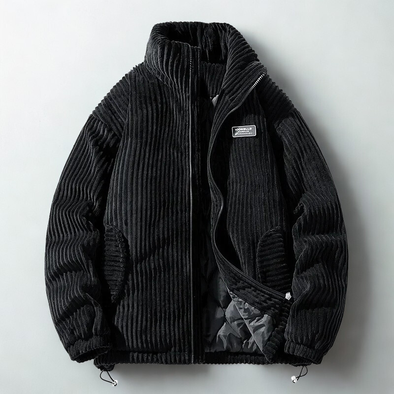 Men's corduroy quilted jacket with high collar and zip front