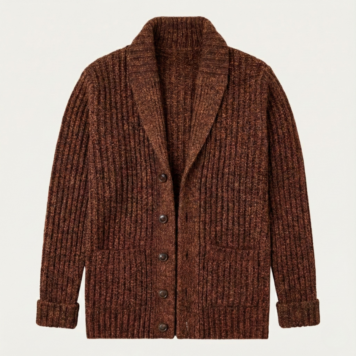 Men's chunky textured knit cardigan with shawl collar and button front