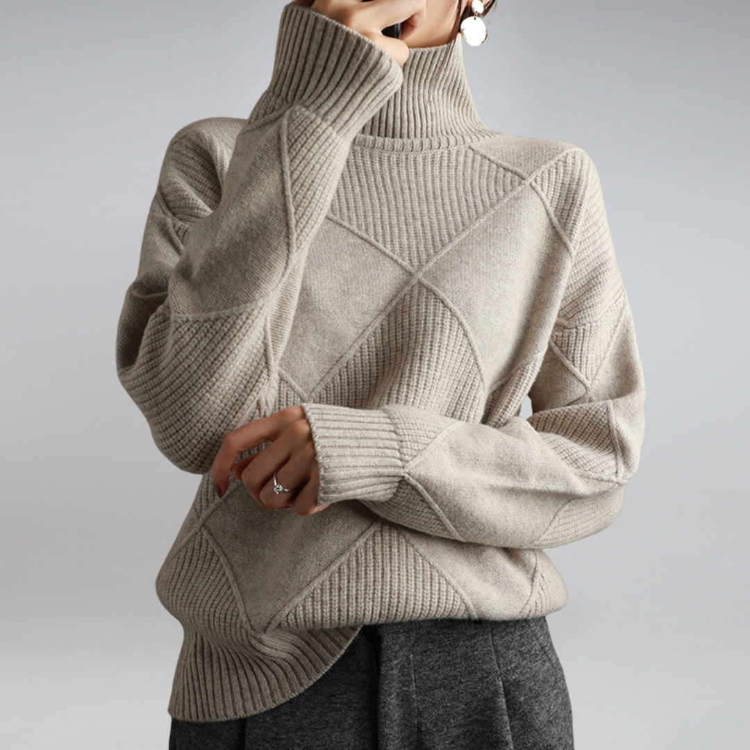 Women's geometric turtleneck sweater with long sleeves and ribbed trims