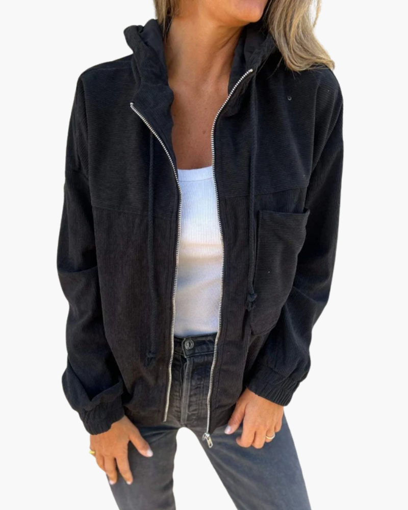 Women's hooded ribbed jacket with front zip, pockets and long sleeves