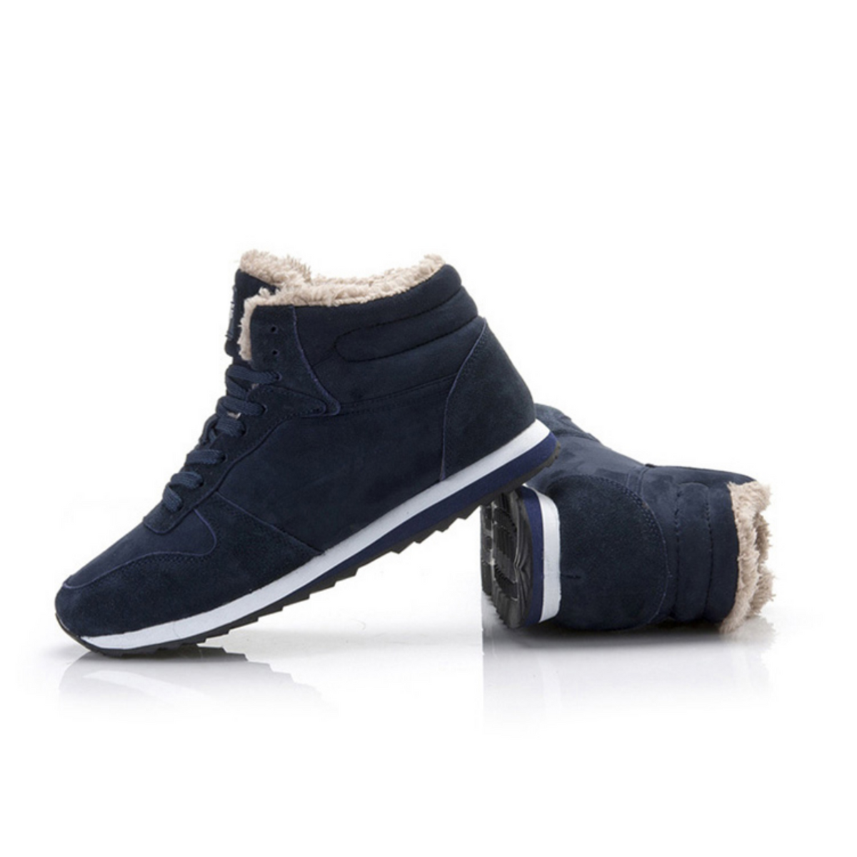 High-top sneaker boots with lace-up fronts, faux-fur collars and contrast soles