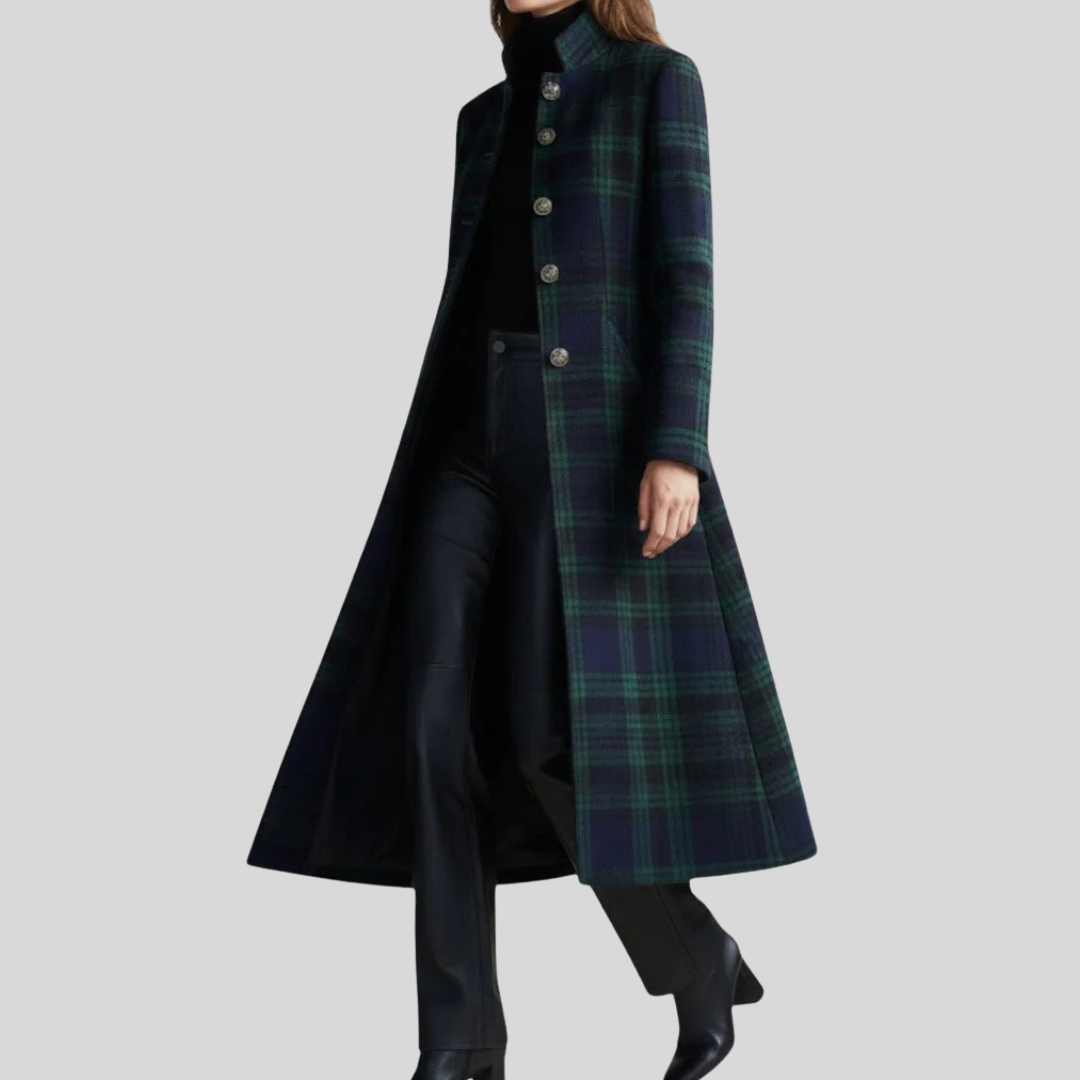Women's dark blue and green checked longline coat with stand collar and button front