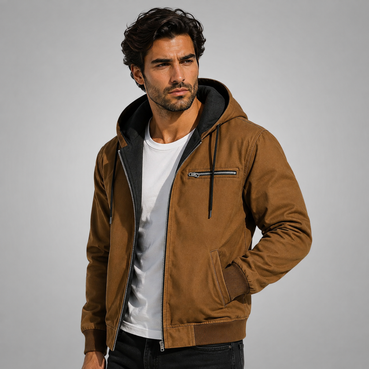 Men's hooded fleece-lined jacket with zip fastening, chest pocket and ribbed trims