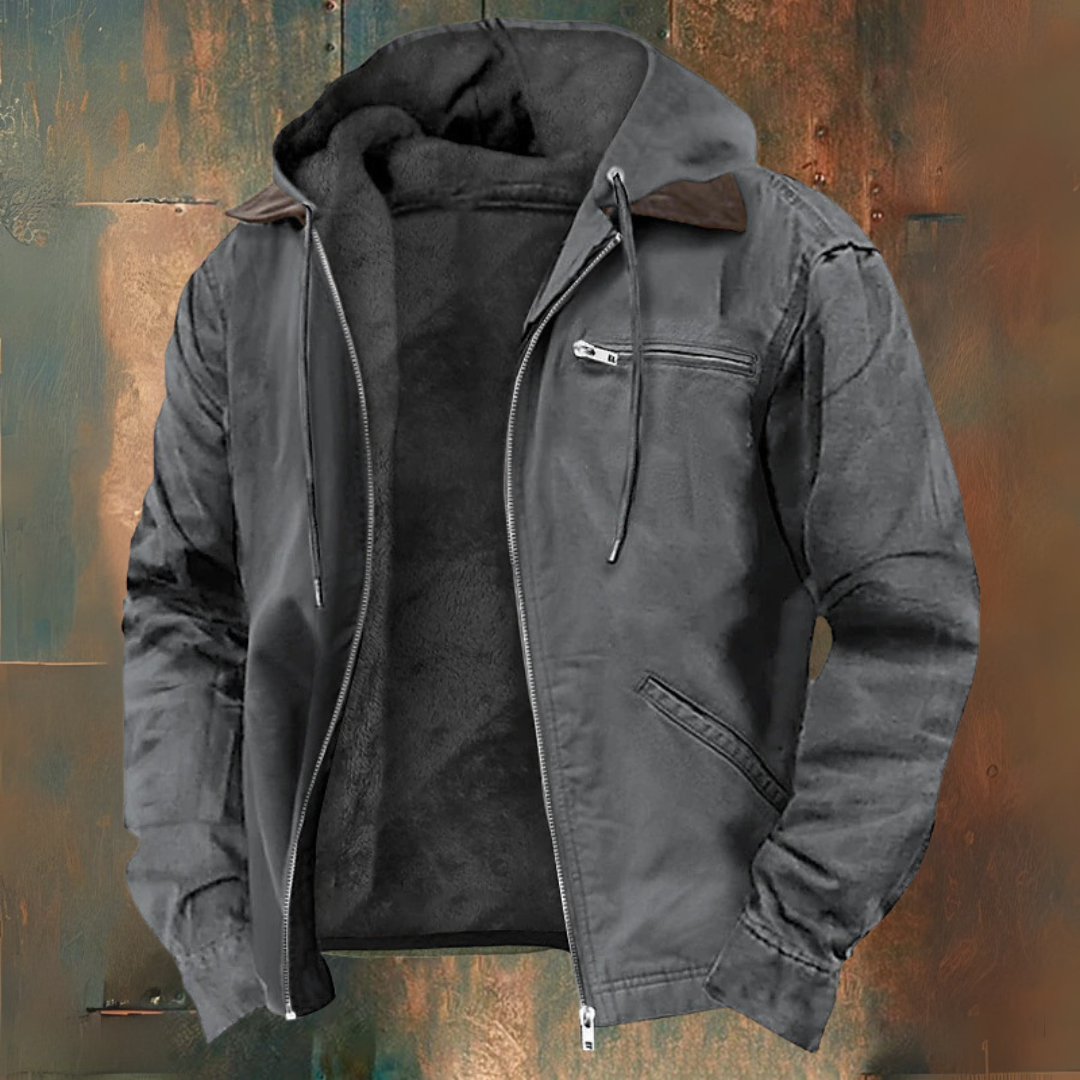 Men's hooded zip jacket with long sleeves, chest zip pocket and angled front pockets