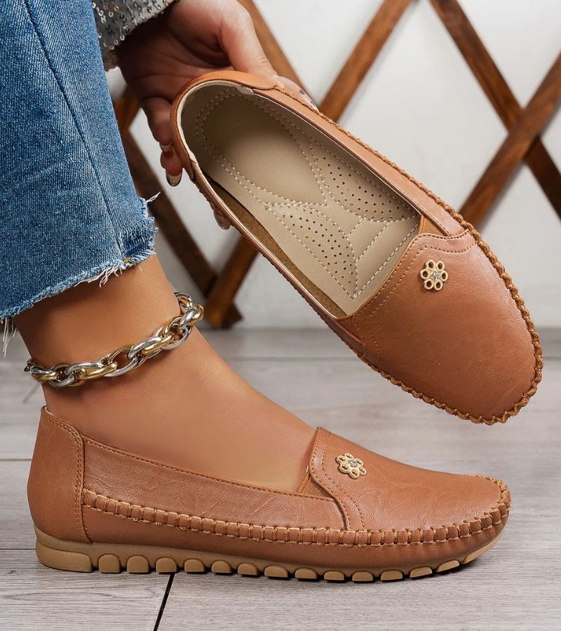 Women's plain square-toe moccasin loafers with decorative front trim and stitched edging