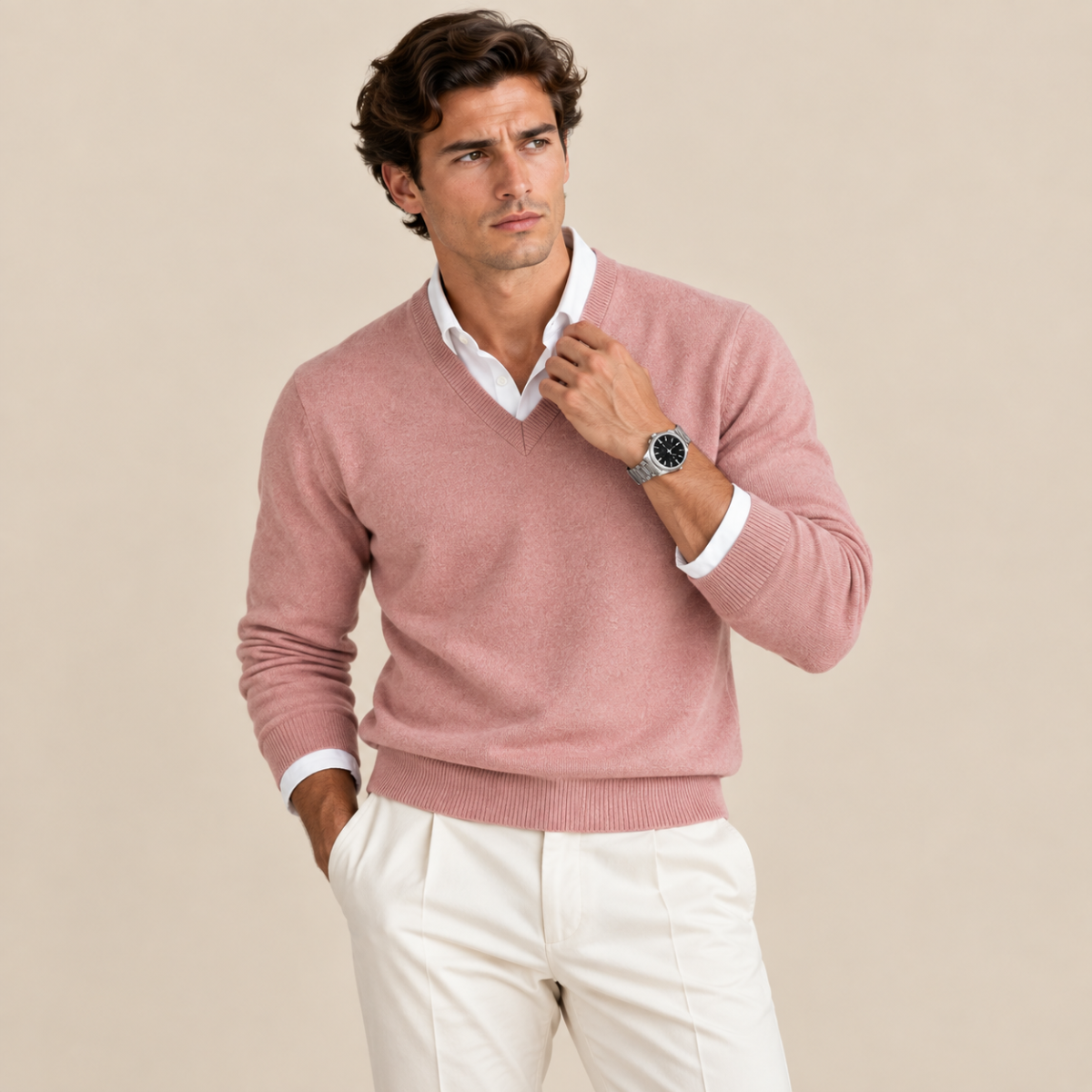 Men's long-sleeve V-neck sweater with ribbed trims