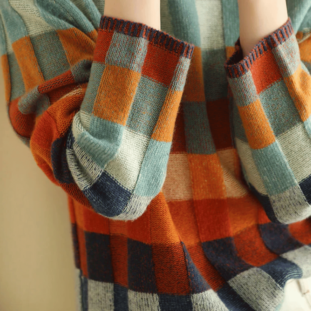 Women's colourful patchwork turtleneck jumper with long sleeves