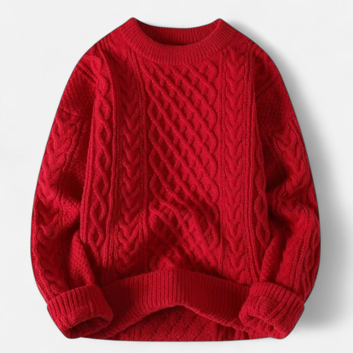 Men's cable knit crew neck jumper with long sleeves and ribbed trims