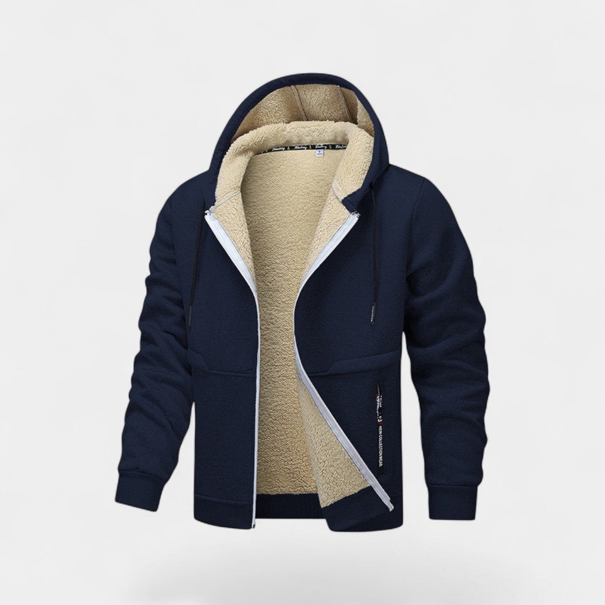 Men's hooded zip cardigan with cream sherpa-style lining and front pockets