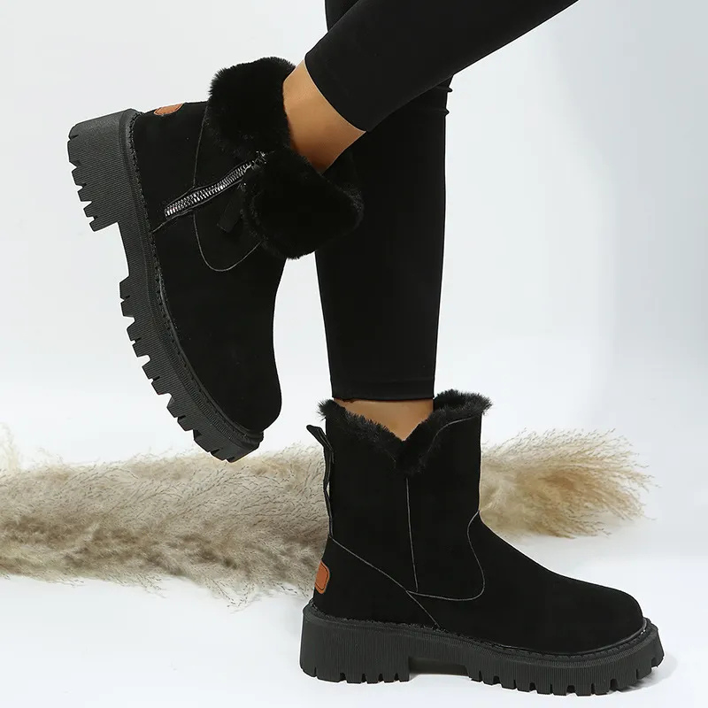 Women's ankle boots with plush fur cuffs, side zips and lugged soles
