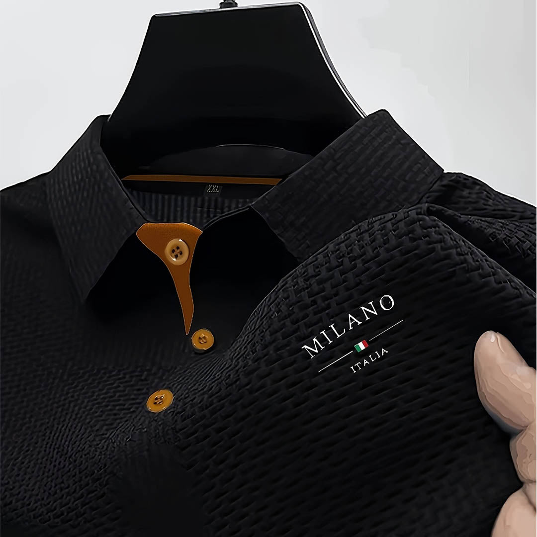Men's Polo Shirt Textured Woven Button Collar - Black
