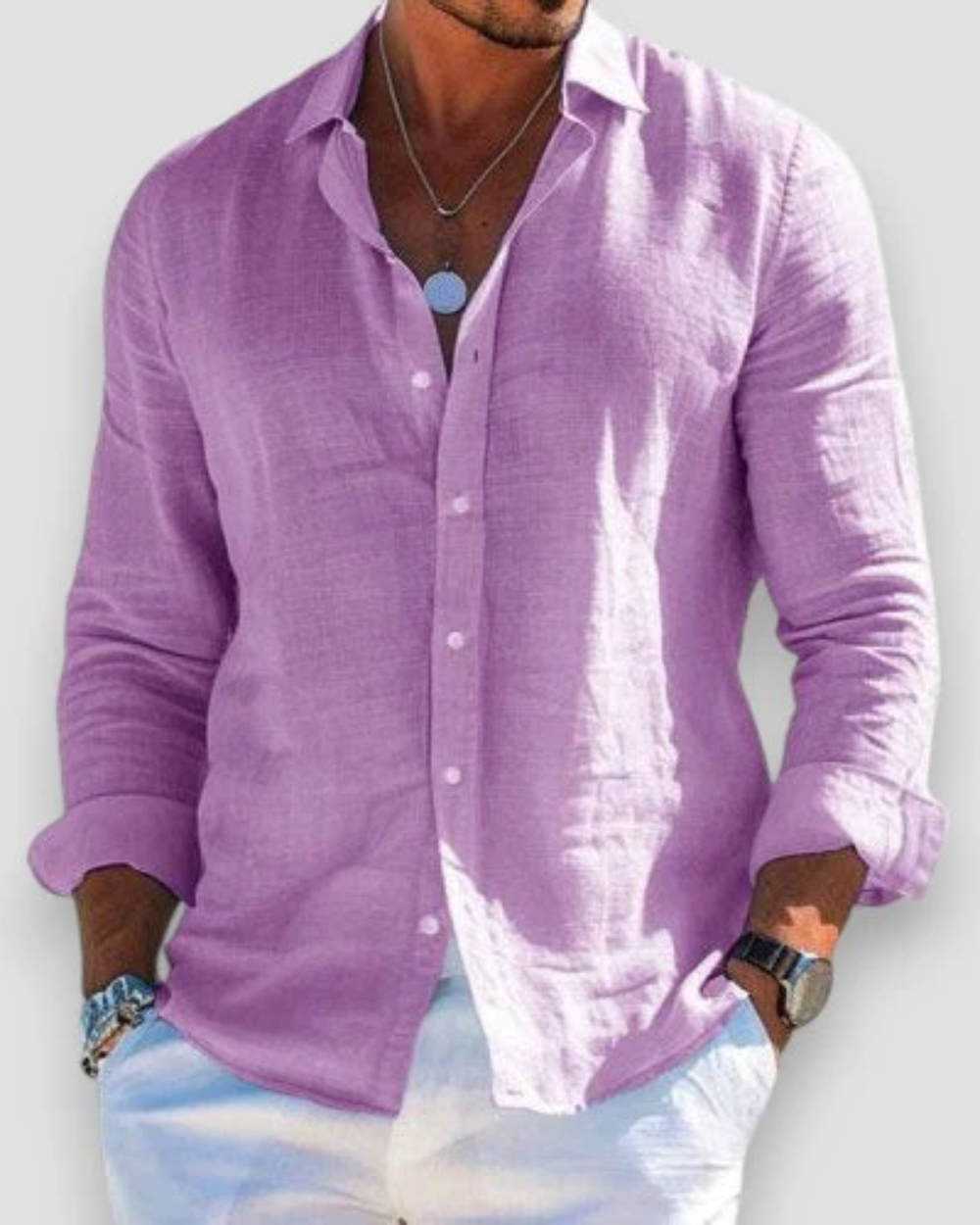 Men's plain long-sleeve button shirt with collared neckline and rolled cuffs