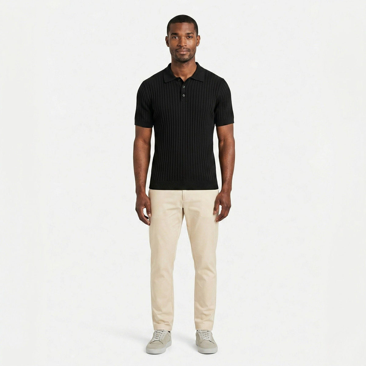 Men's ribbed knit polo shirt with short sleeves and button placket