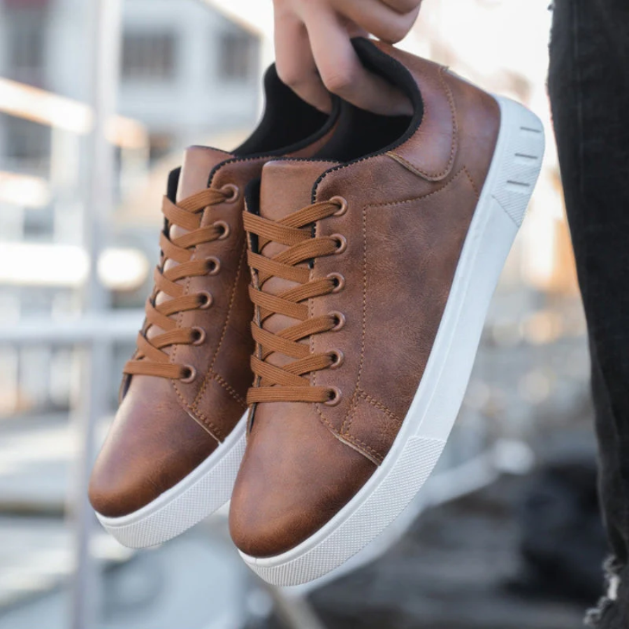 Men's Leather-Look Trainers Low-Top White Sole - Black