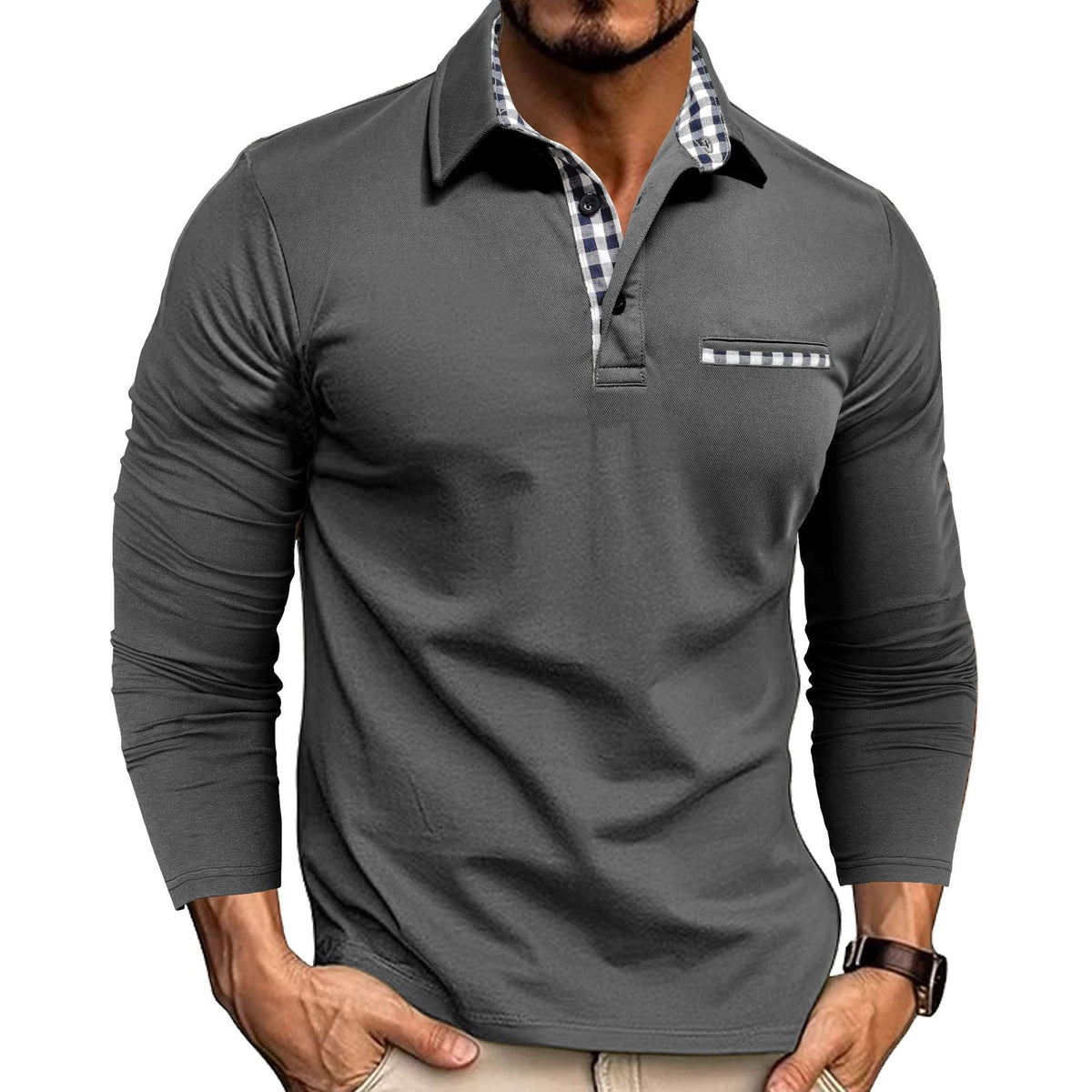 Men's long sleeve polo shirt with checked collar and chest detail