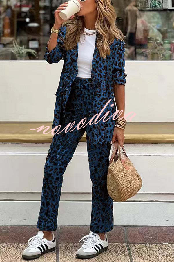 Women's leopard print blazer and trousers set with lapel collar and long sleeves