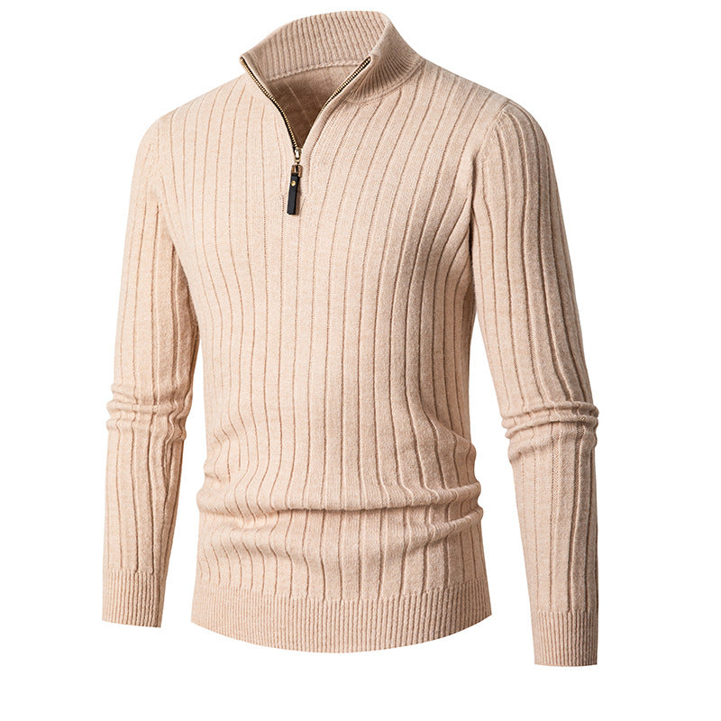Men's ribbed quarter-zip jumper with mock neck and long sleeves