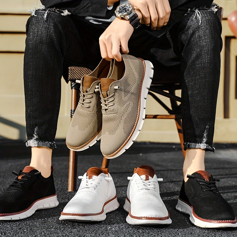 Men's Knit Trainers Lace-Up White Sole - Beige