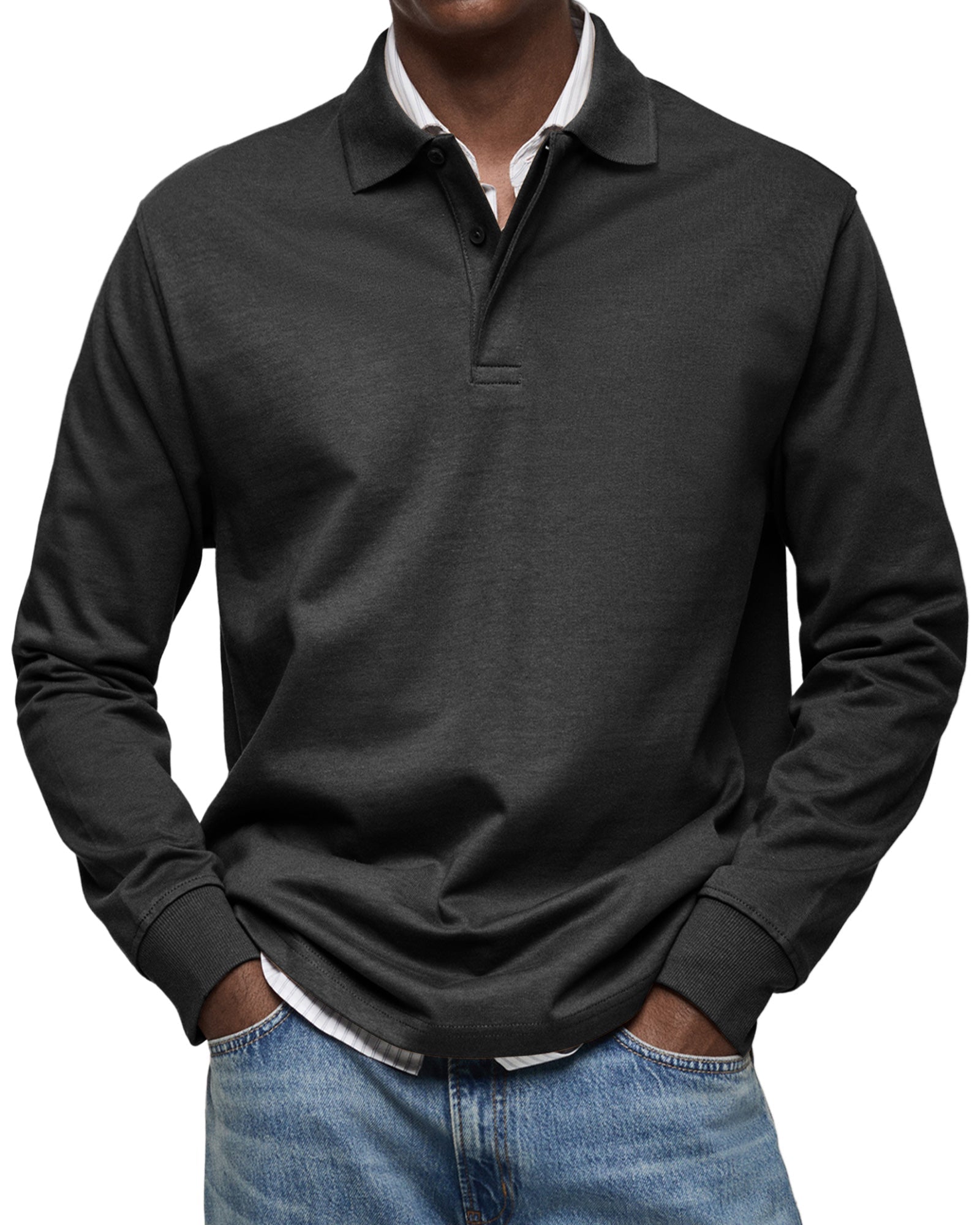Men's long-sleeve polo jumper with collared neckline and button placket