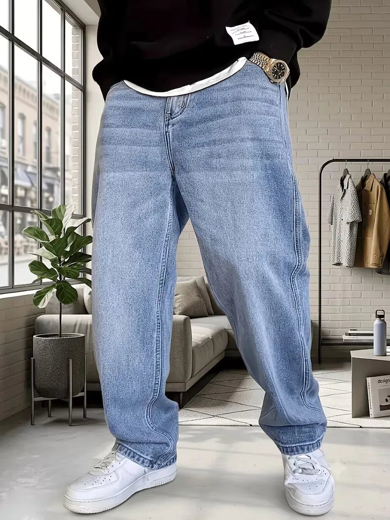 Men's light blue straight jeans with five-pocket design