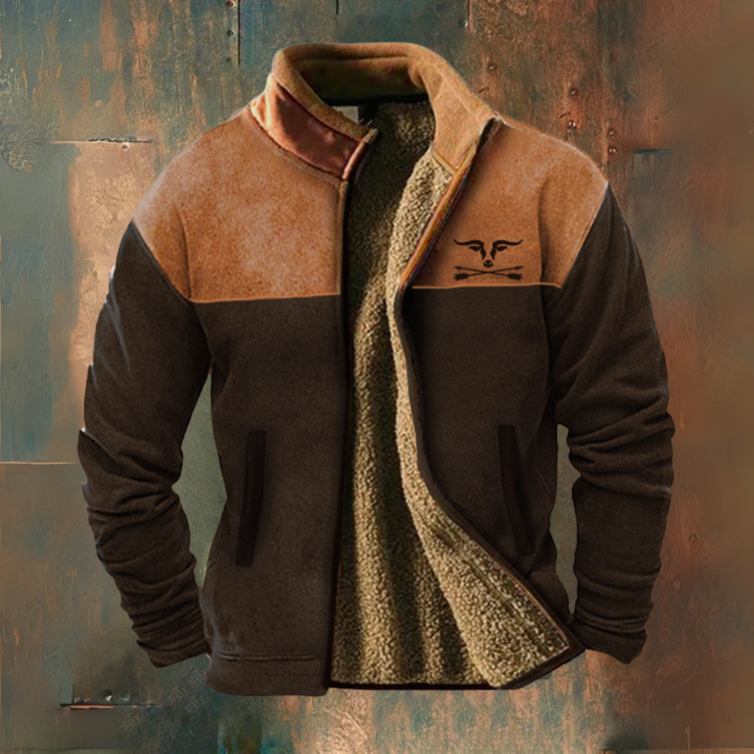 Men's two-tone zip jacket with stand collar, long sleeves, textured lining and front pockets