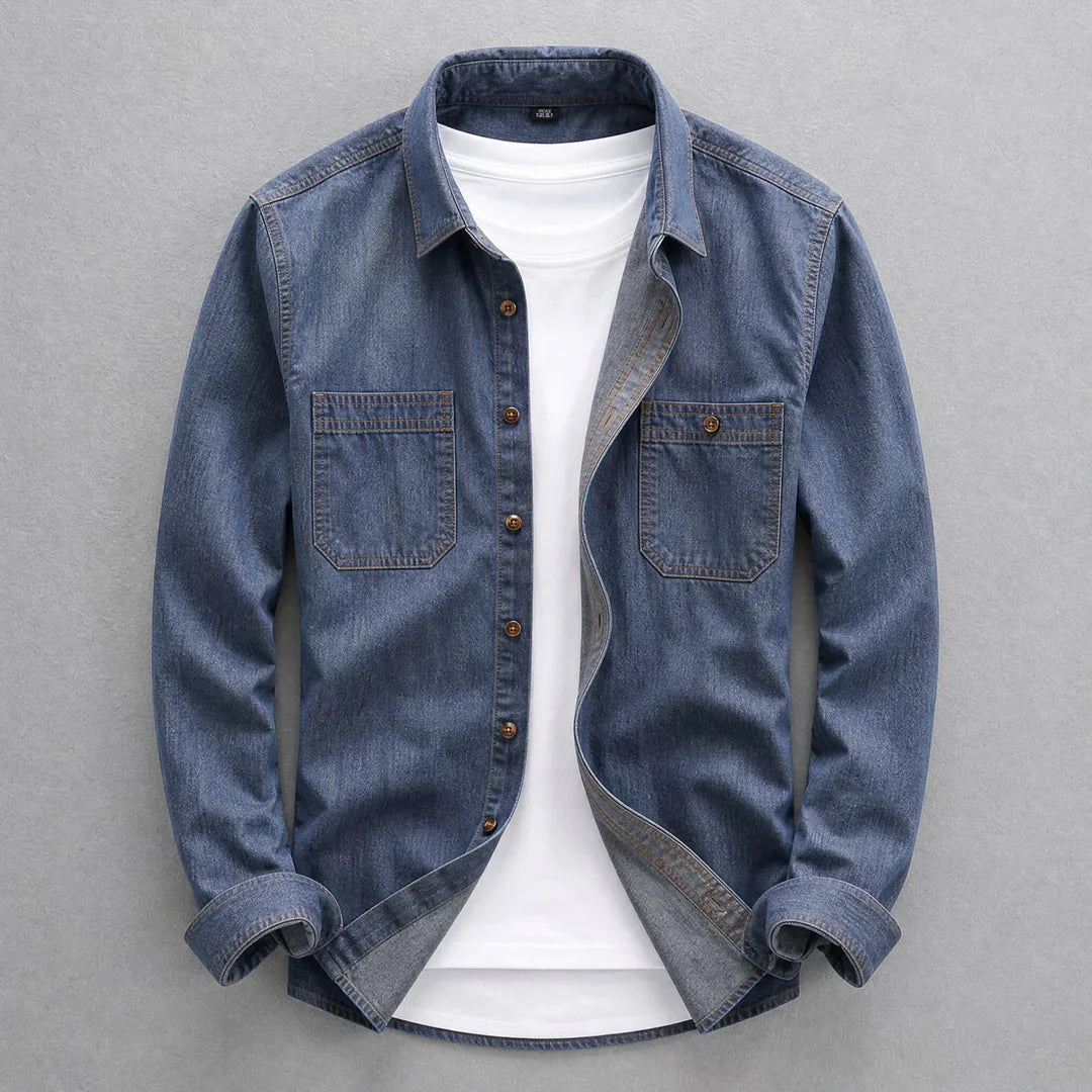 Men's long-sleeve denim shirt with pointed collar, button front and two chest pockets