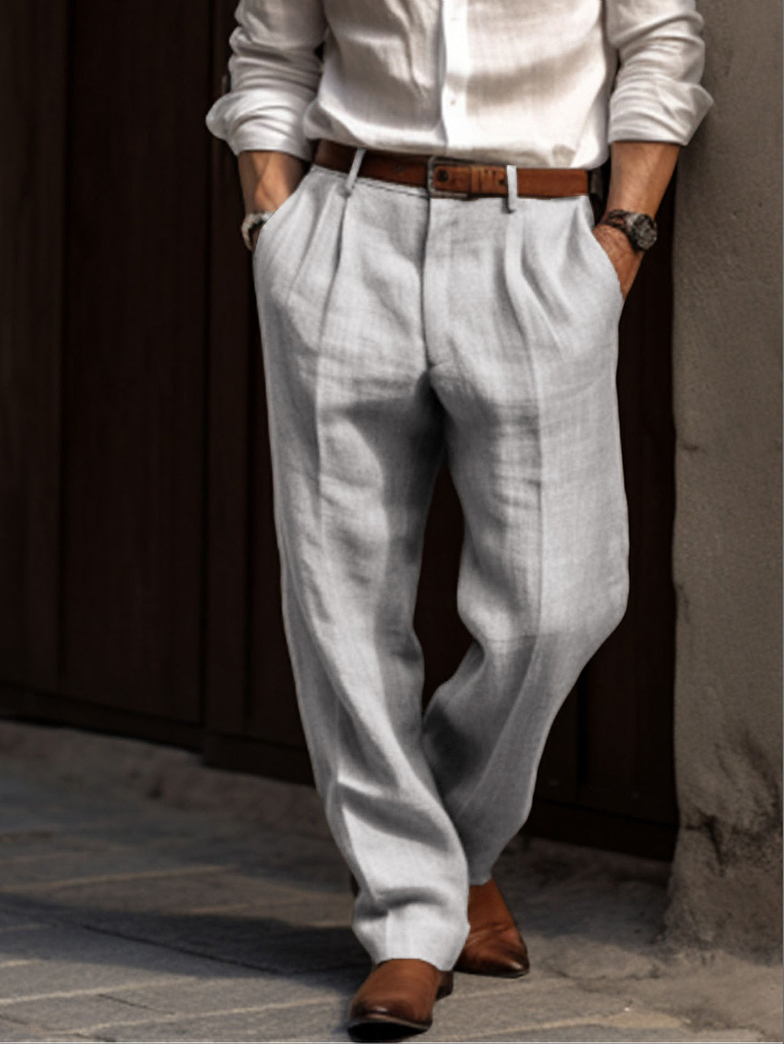 Men's Linen Trousers Relaxed Fit Pleated Waist - Grey