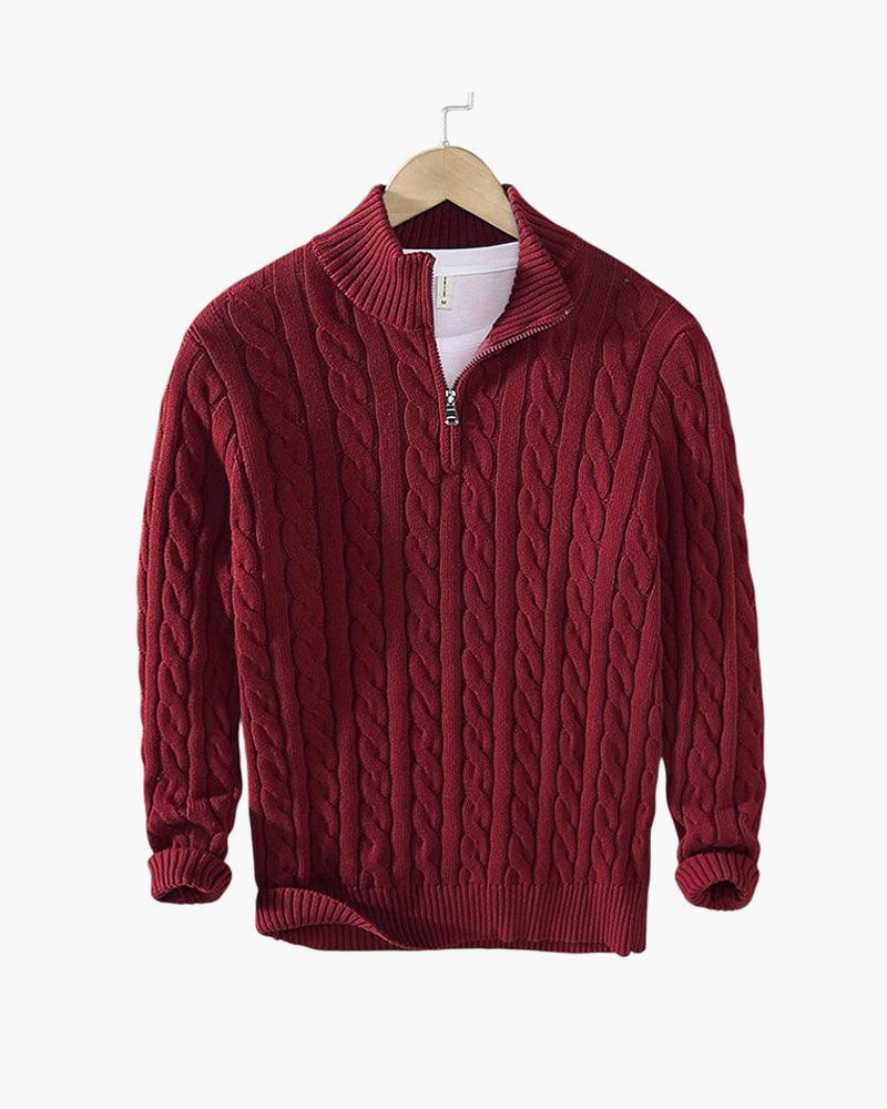 Men's cable knit half-zip sweater with mock neck and long sleeves