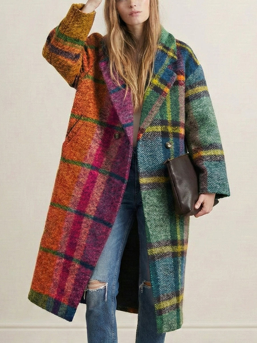 Women's multicolour checked plaid long coat with lapel collar and three-quarter sleeves