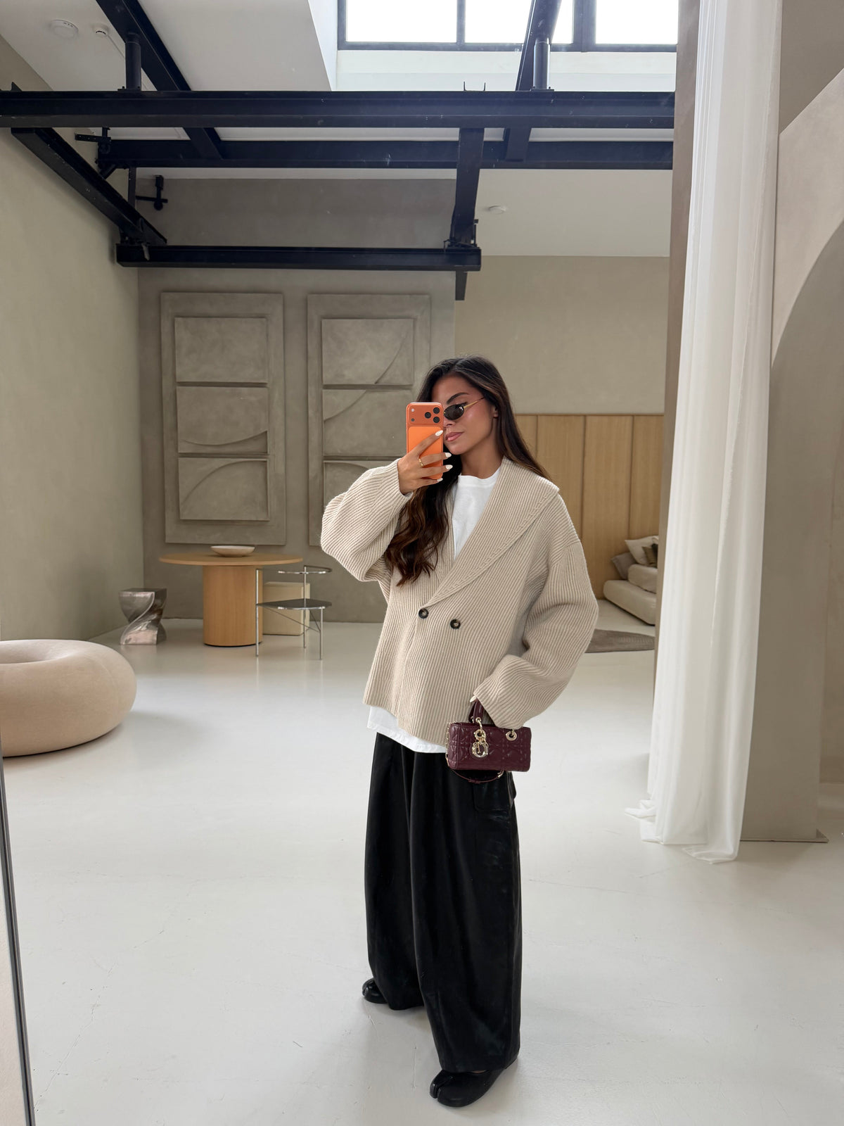Women's beige ribbed cardigan with shawl collar and button front