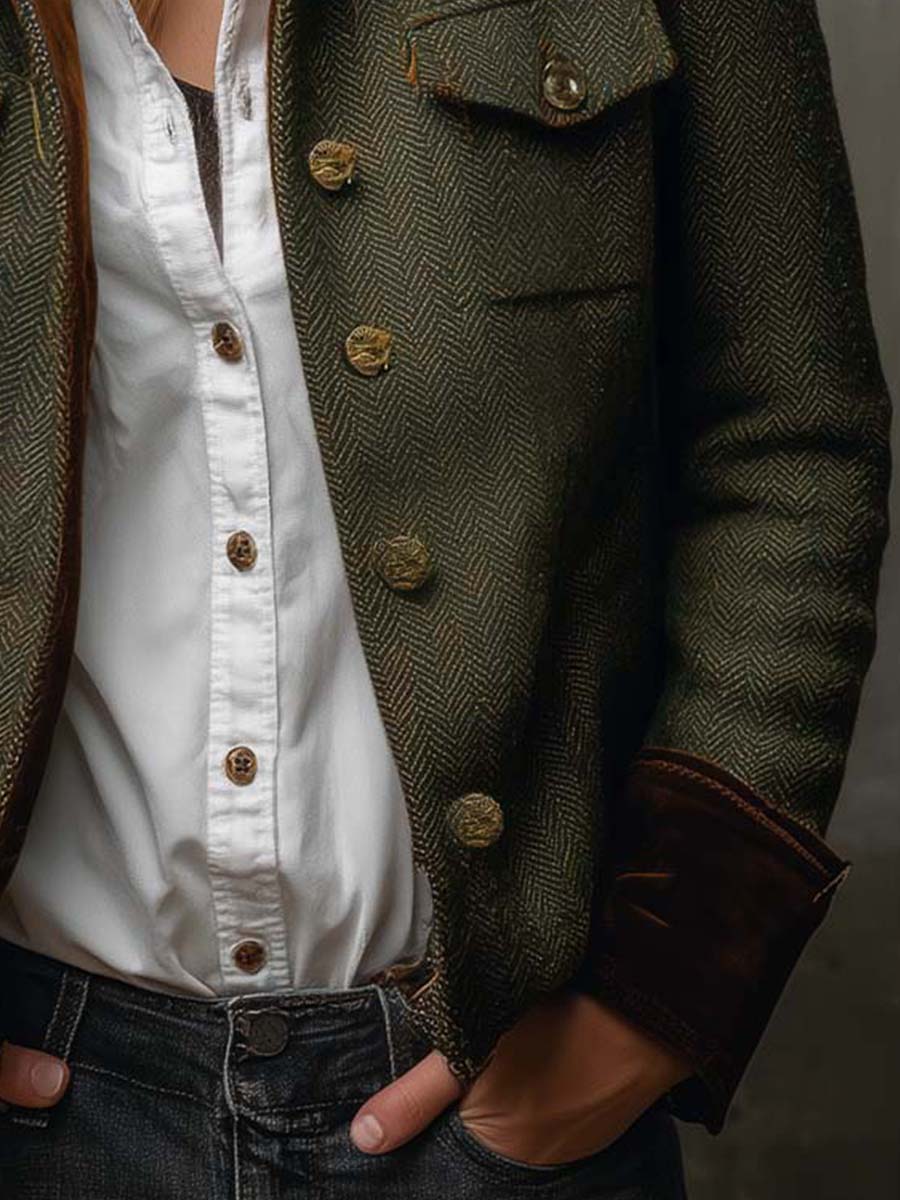 Women's olive herringbone blazer with brown contrast trim, long sleeves and button front