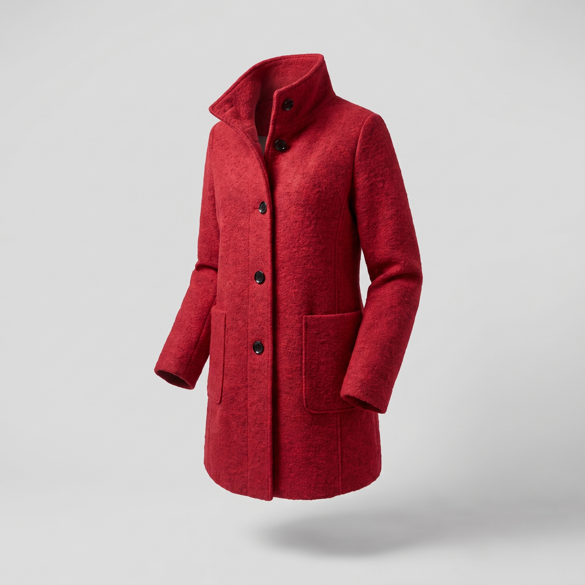 Women's longline coat with raised collar, button front and patch pockets