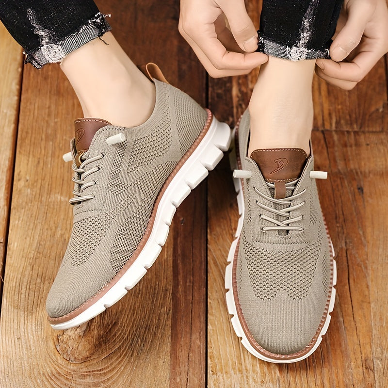 Men's Knit Trainers Lace-Up White Sole - Beige