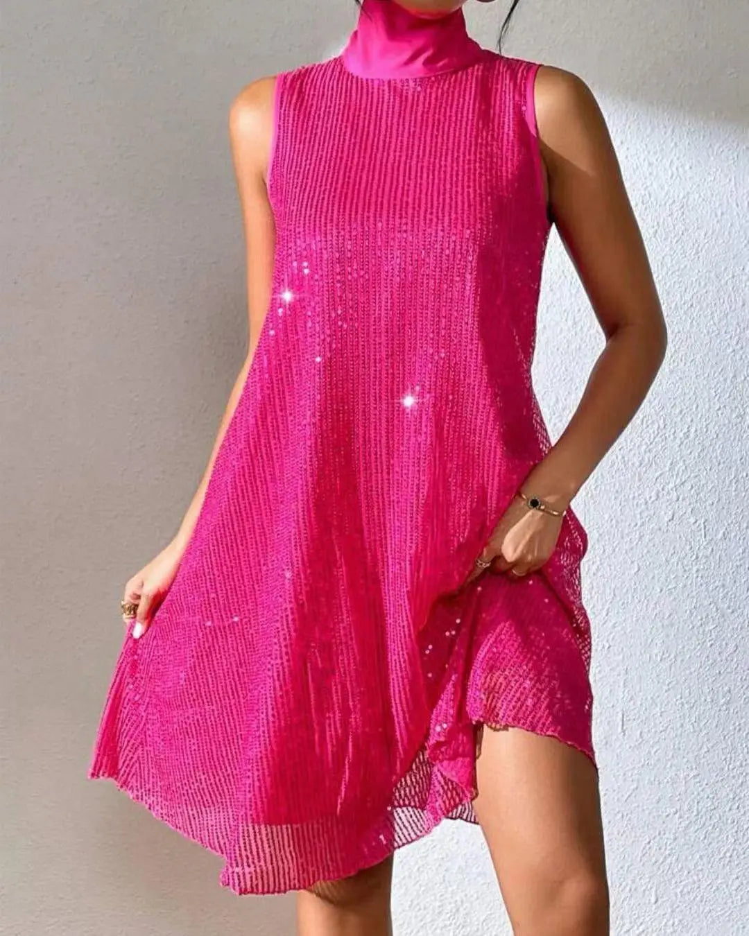 Women's sleeveless sequin mini dress with mock neckline and A-line shape