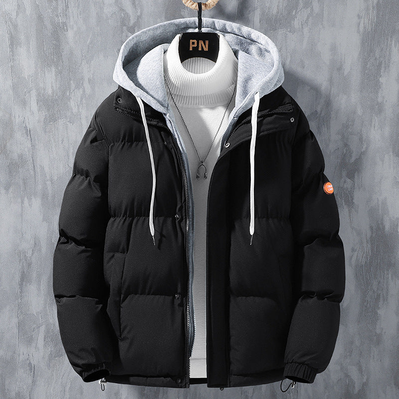Men's hooded quilted puffer jacket with long sleeves and zip front