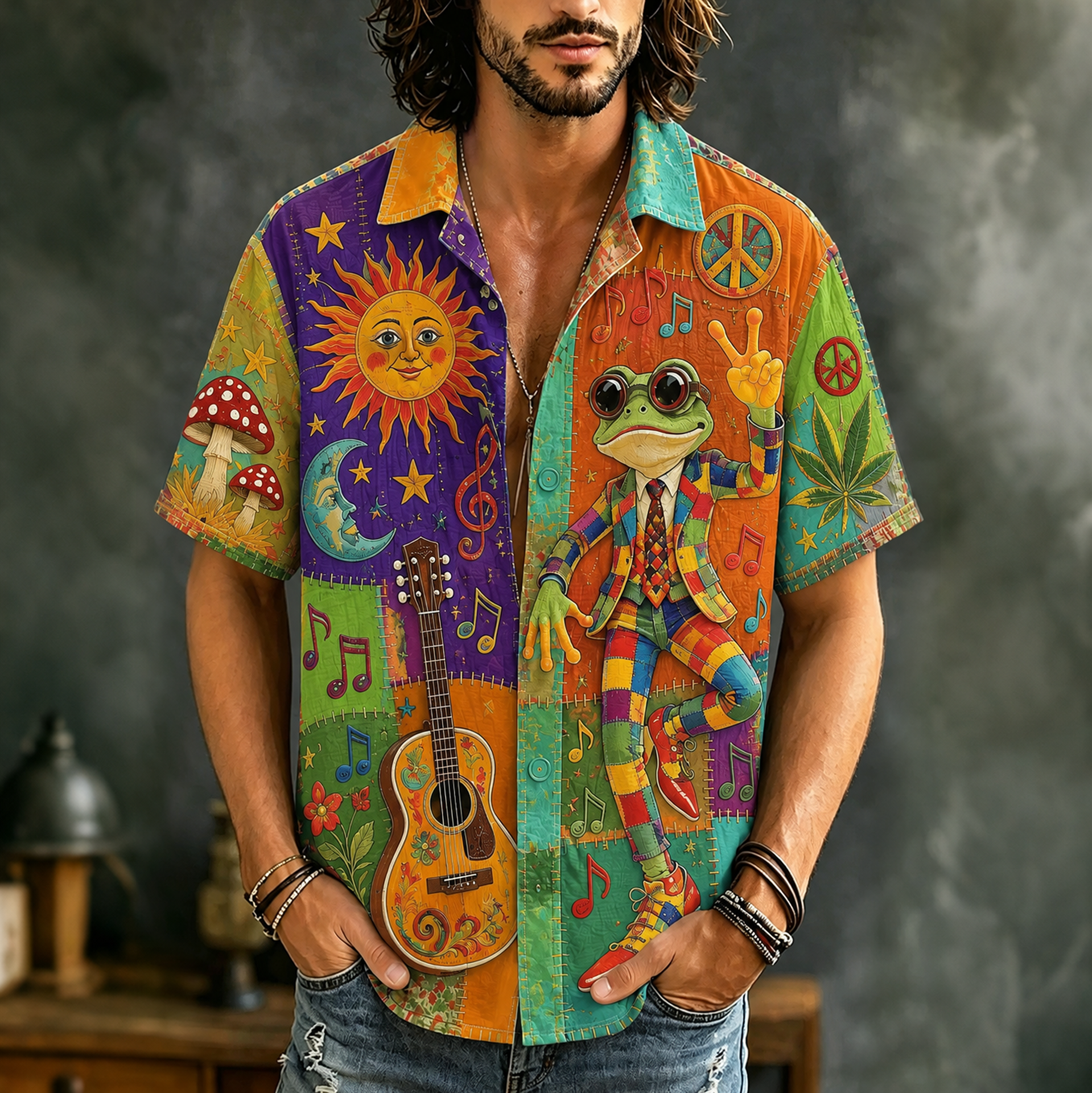 Men's short-sleeve patchwork shirt with frog, guitar, sun, moon and music illustrations