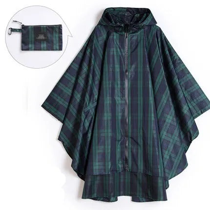 Patterned hooded rain poncho with zip front and wide sleeves