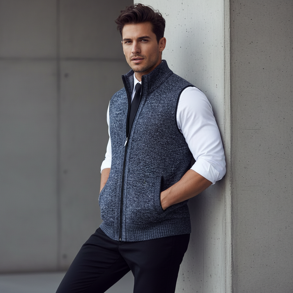 Men's knitted sleeveless business vest with mock neck and front zip