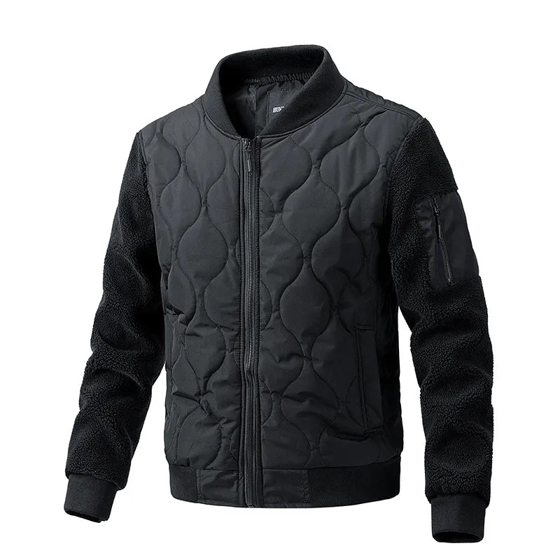 Men's Quilted Jacket Fleece Sleeve Stand Collar - Black
